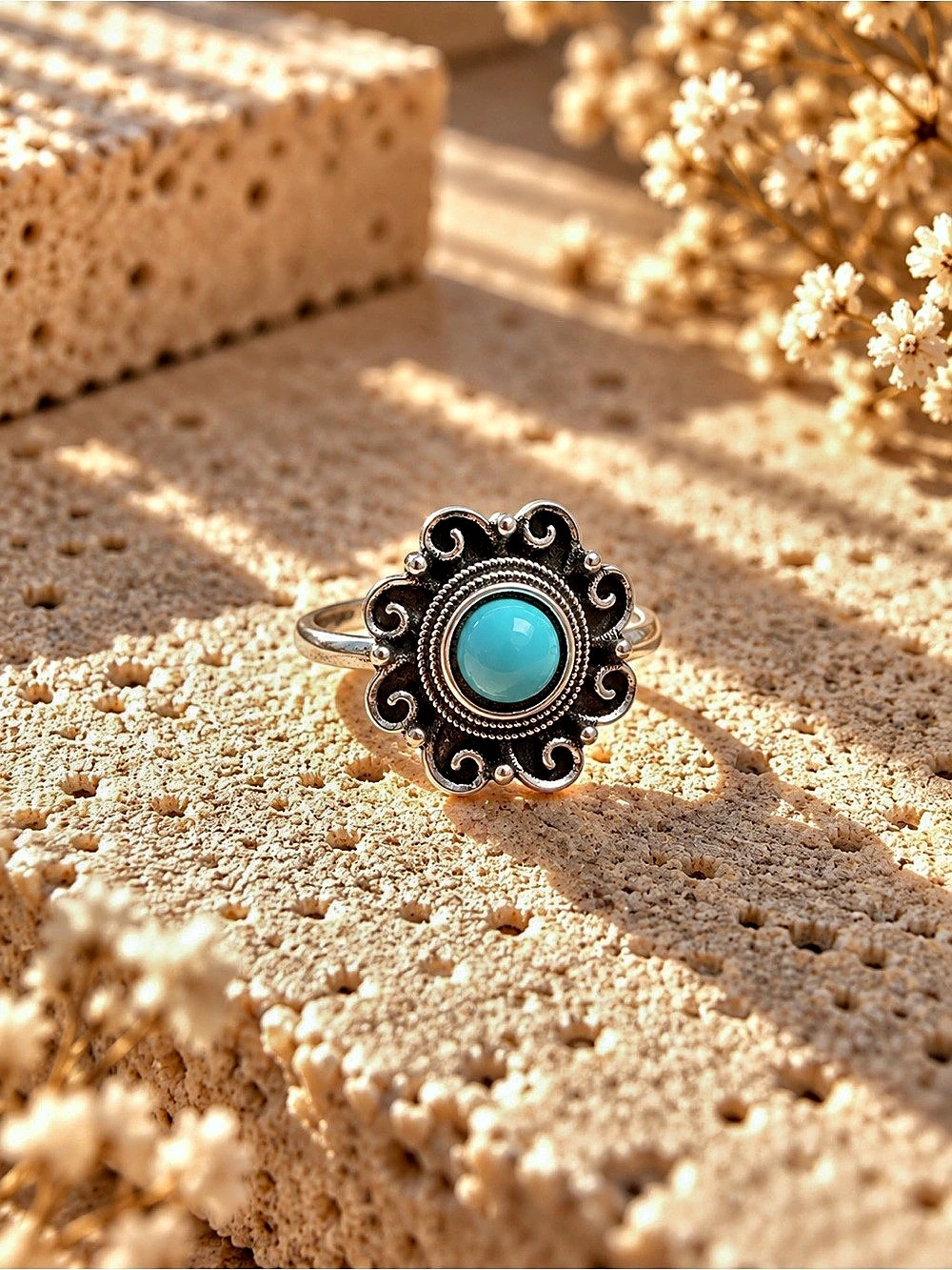 Turquoise-Color Stone Ornate Ring